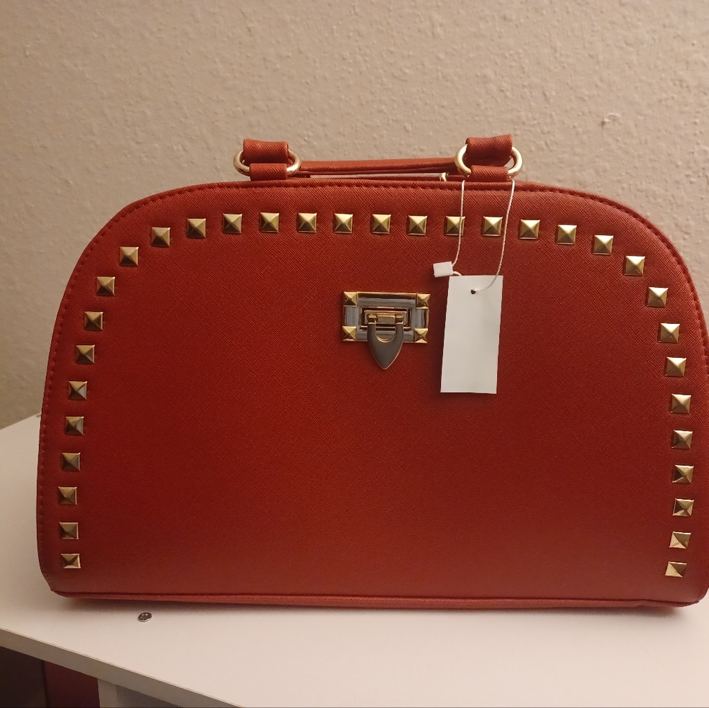 Elegant Studded Satchel in Bold Orange